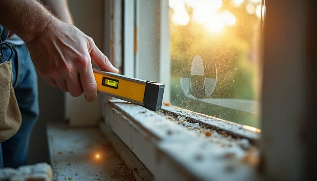 Contrôler l'alignement des fenêtres avec le mètre et le niveau dans la maison