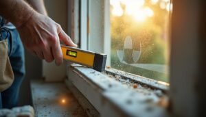 Contrôler l'alignement des fenêtres avec le mètre et le niveau dans la maison