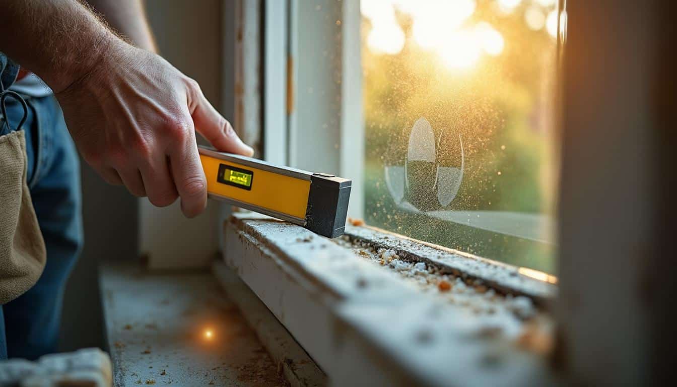 Contrôler l'alignement des fenêtres avec le mètre et le niveau dans la maison