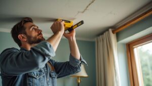 Vérifier l'inclinaison du plafond dans la maison grâce au mètre et au niveau